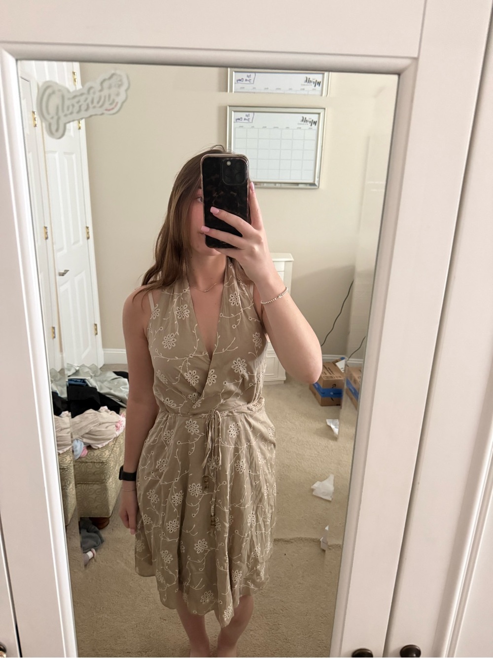 One-Shoulder green- Tan Floral Eyelet Wrap Dress